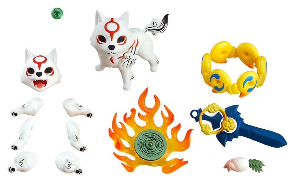 Okami Nendoroid Amaterasu DX Ver. contents laid out: figure, faces, legs and weapons
