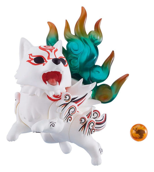 Okami Nendoroid Shiranui leaping with open mouth, green flaming reflector and Ishaku orb
