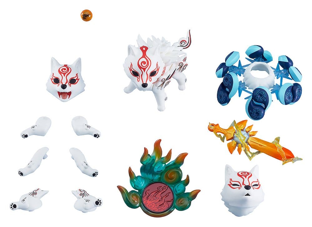 Okami Nendoroid Shiranui DX Ver. contents laid out: figure, face parts, legs and weapons