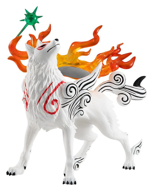 Okami Pop Up Parade Amaterasu figure, white wolf with red markings and flaming Divine Retribution