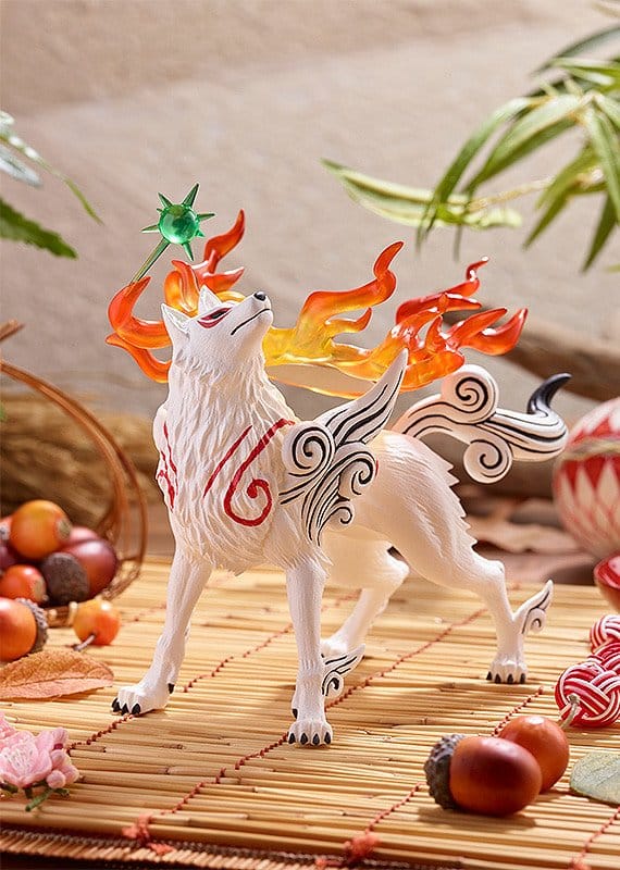 Pop Up Parade Amaterasu figure on a bamboo mat with autumn fruit, three-quarter view