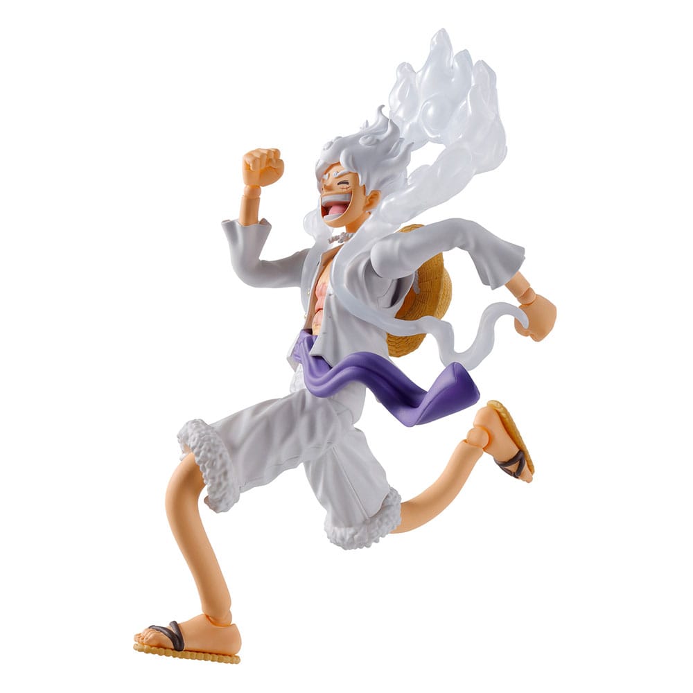 One Piece S.H.Figuarts Monkey D. Luffy Gear 5 figure, running pose with white hair, on white