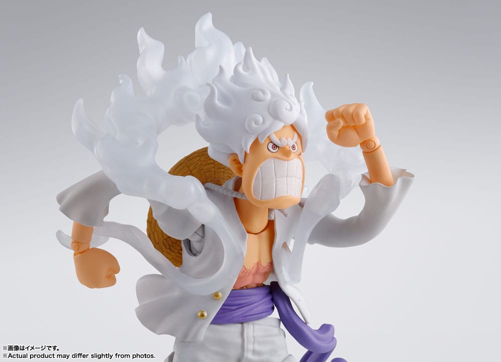 One Piece S.H.Figuarts Monkey D. Luffy Gear 5 figure, close-up of grinning face and cloud hair