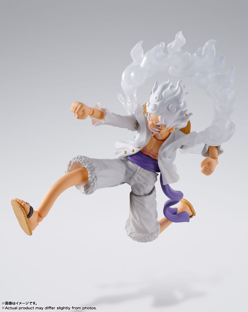 One Piece S.H.Figuarts Monkey D. Luffy Gear 5 figure, leaping pose with fist forward