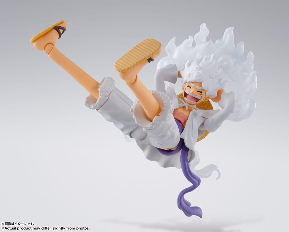 One Piece S.H.Figuarts Monkey D. Luffy Gear 5 figure, mid-air kick pose with sash flowing