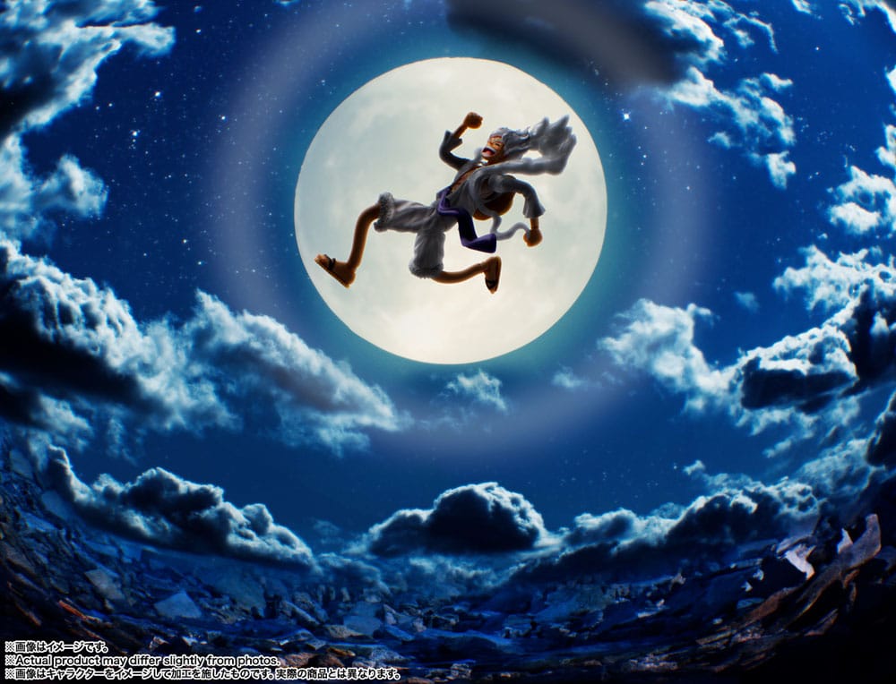One Piece S.H.Figuarts Monkey D. Luffy Gear 5 figure, leaping against a full moon backdrop