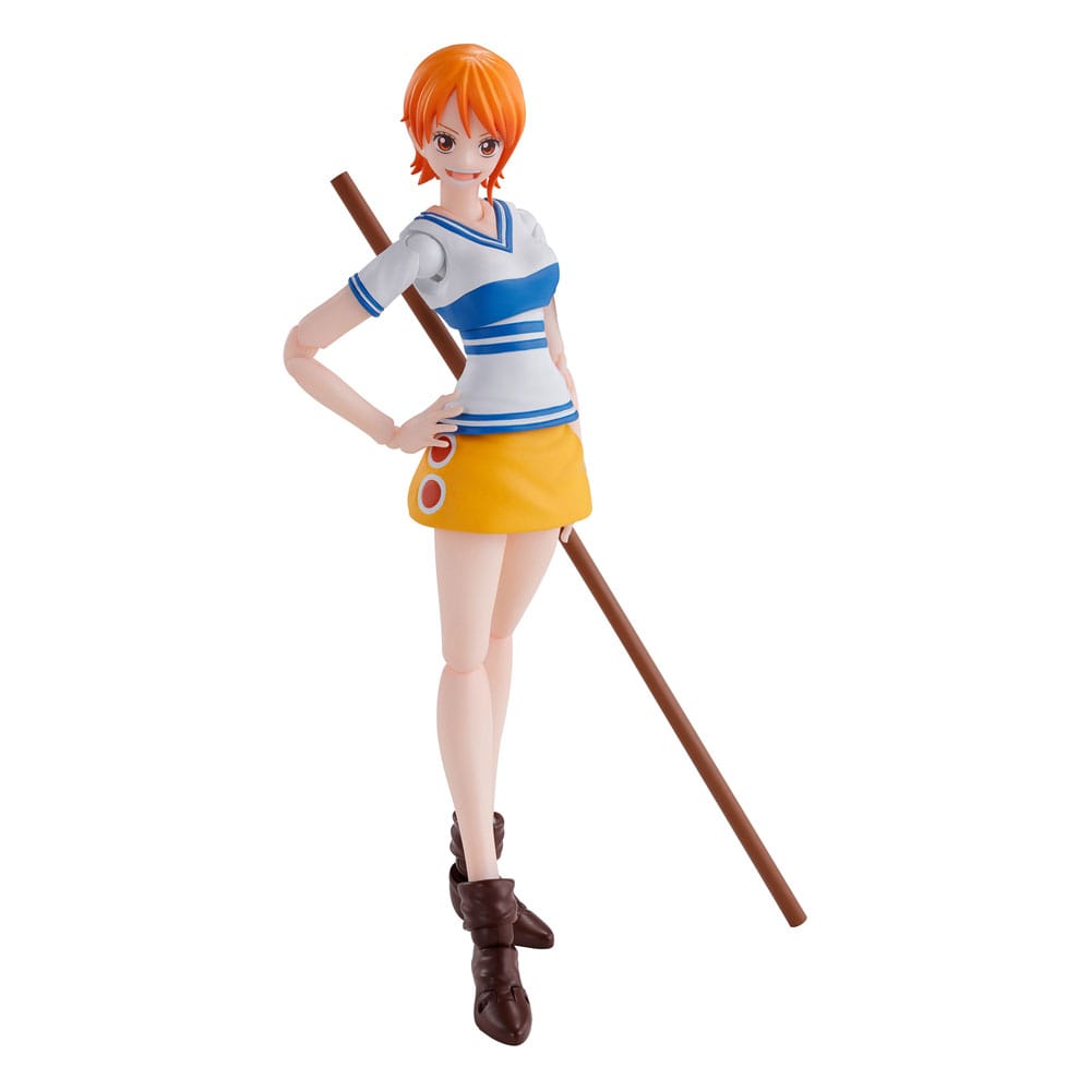 One Piece S.H.Figuarts Nami Romance Dawn figure, standing with staff, on white