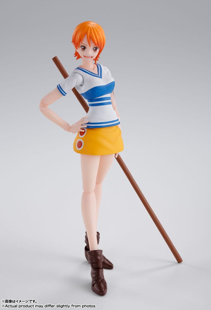 One Piece S.H.Figuarts Nami Romance Dawn figure, standing with staff on grey backdrop