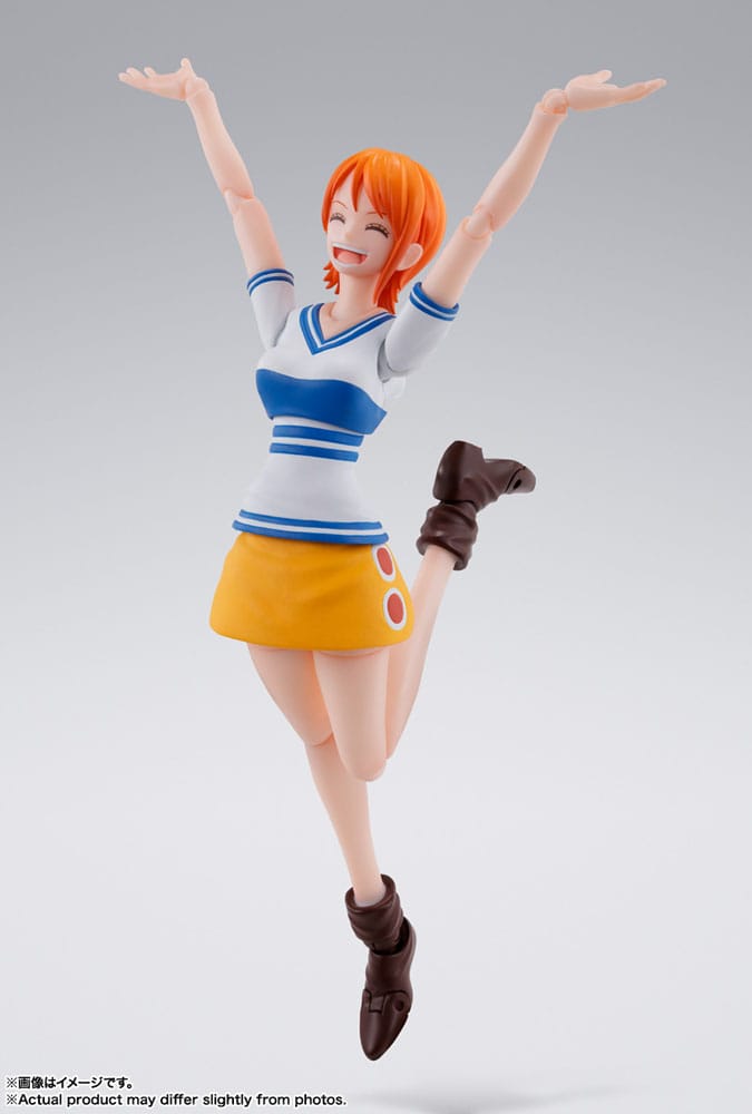 One Piece S.H.Figuarts Nami Romance Dawn figure, cheering pose with arms raised