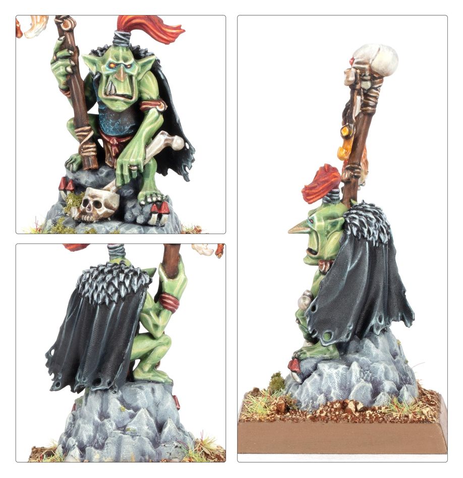 Close-up views of the painted Goblin Shaman's face, black cloak and staff from several angles