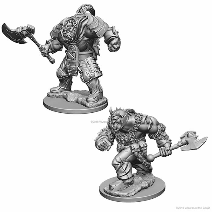WizKids Nolzur's Orcs unpainted miniatures, two muscular orc warriors wielding greataxes