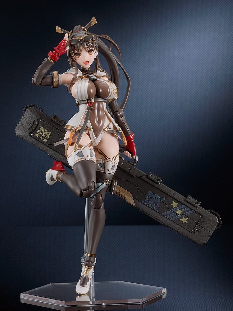 Built Plamatea MX-chan kit on a clear stand holding her case, Max Factory
