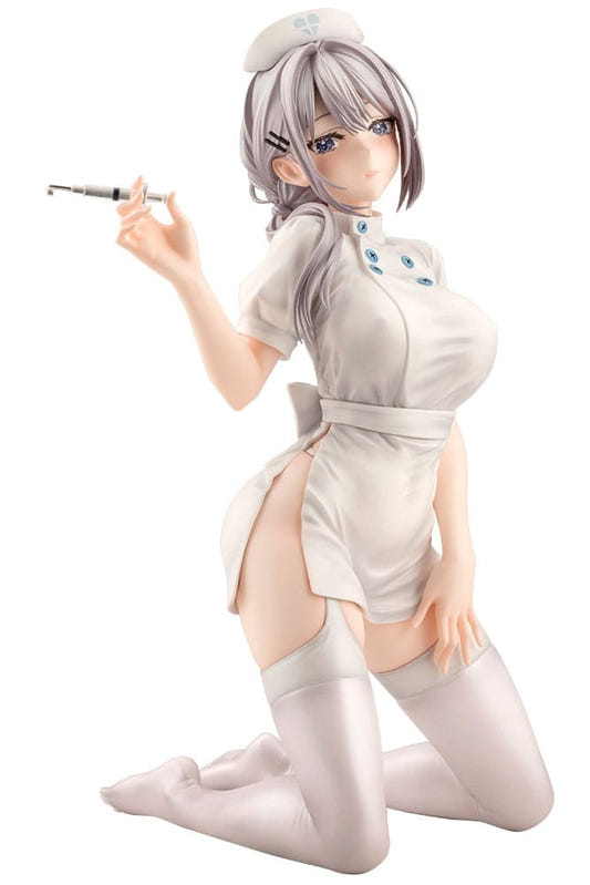 Kotobukiya Saotome Shino Nurse Ver. figure by Minori Chigusa kneeling with syringe, silver hair