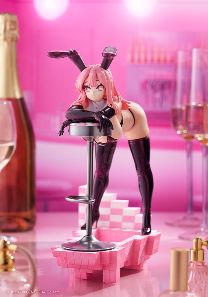 Standing Bunny statue with pink hair and black bunny ears in a pink bar scene