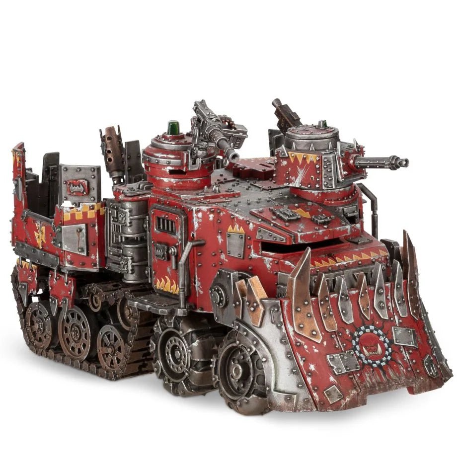 Painted red Ork Battlewagon with deff rolla and turret from the Games Workshop Orks Battlewagon kit