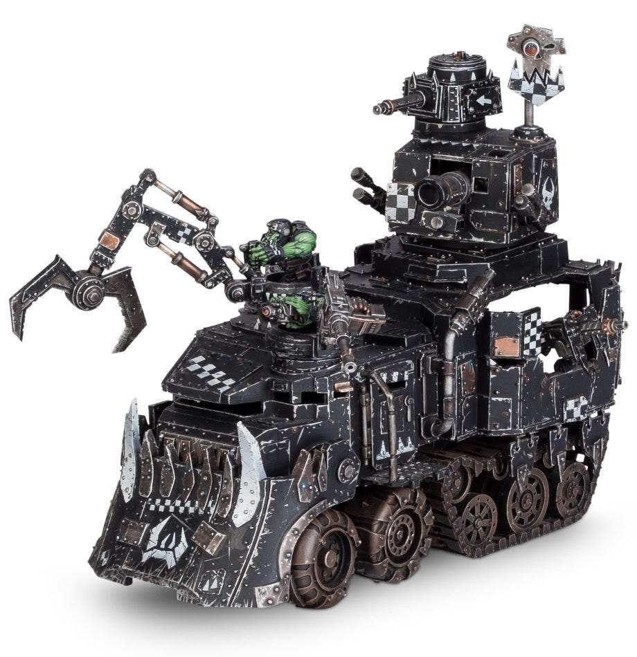 Painted black Ork Gunwagon with tall turret and grabbin' klaw