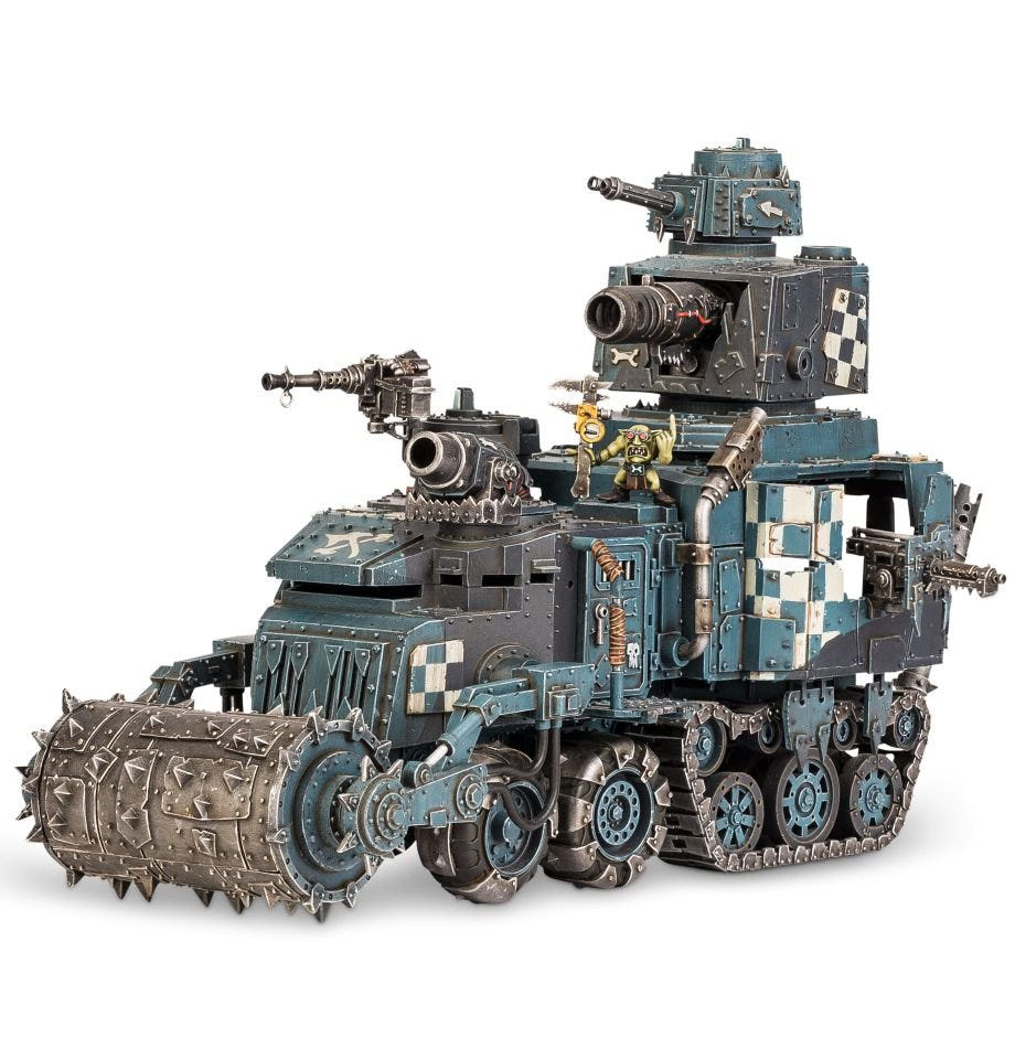 Painted blue-grey Ork Battlewagon Bonebreaka with deff rolla and checks