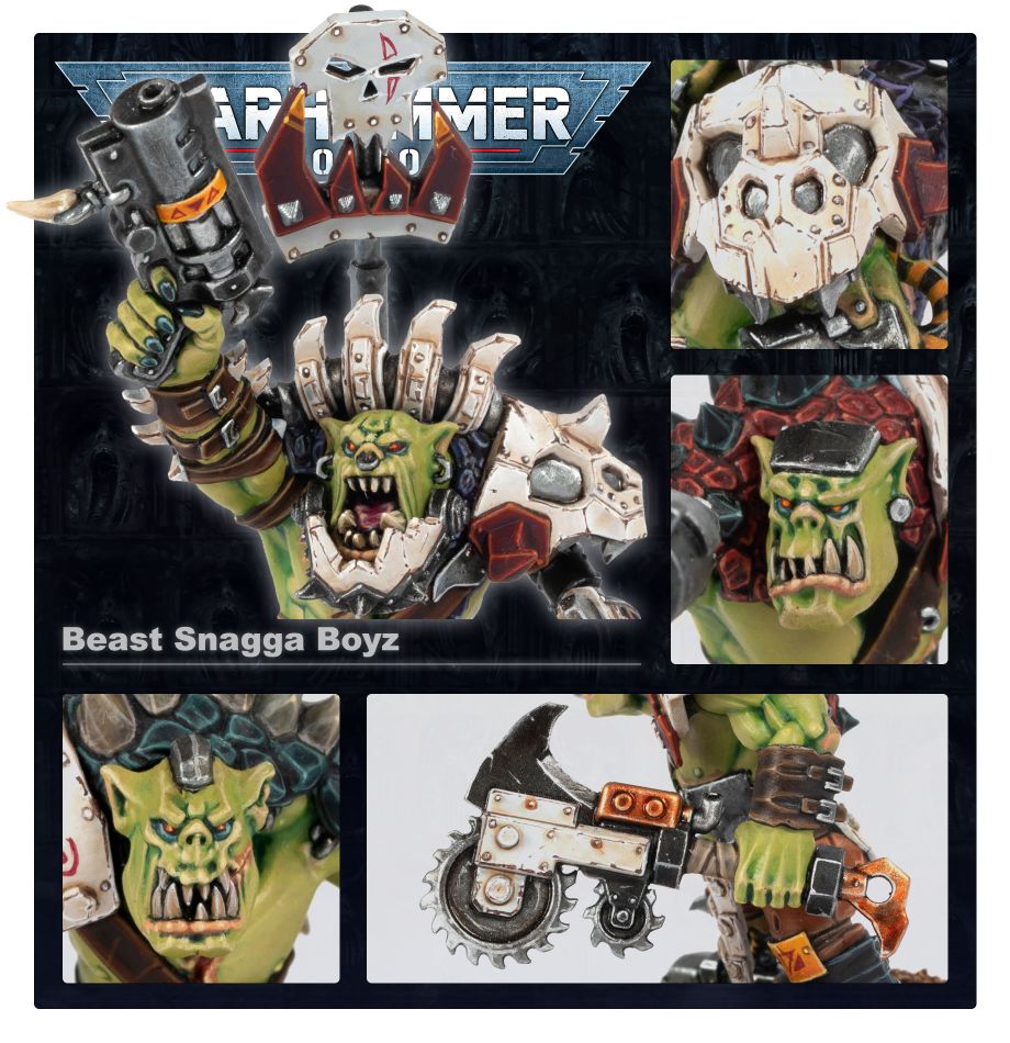 Beast Snagga Nob close-ups showing trophy rack, Ork faces and power snappa