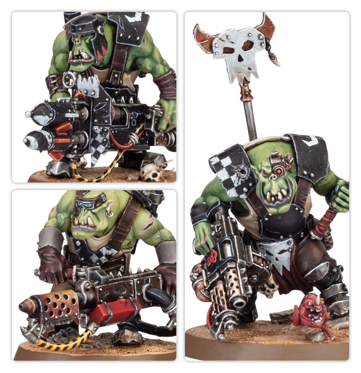 Close-ups of Ork Boyz with big shoota and rokkit launcha, and the Boss Nob with a skull glyph banner