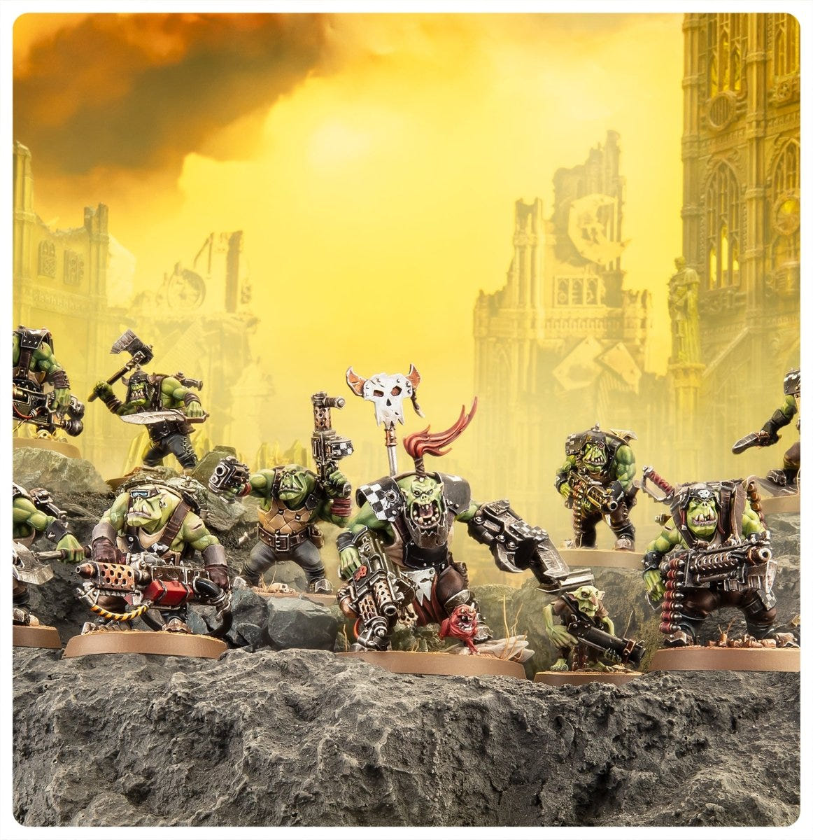 Painted Ork Boyz mob charging across a ruined battlefield