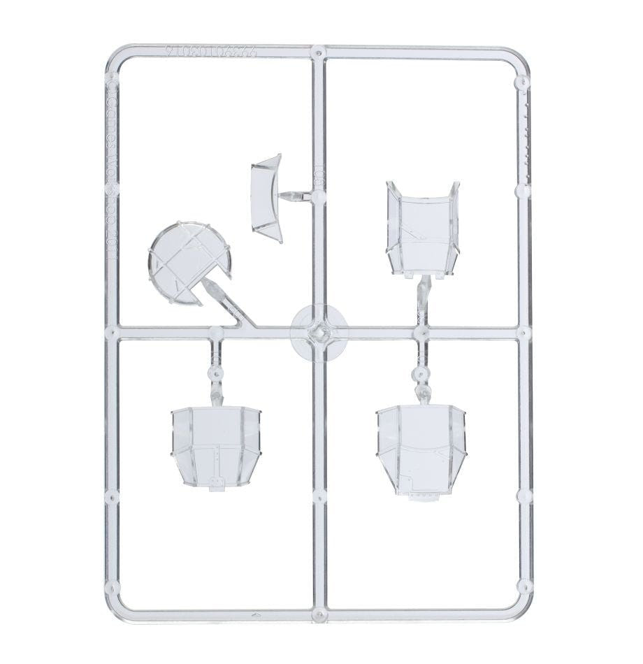 Ork Dakkajet clear plastic sprue with canopies and flying stem, frame 1 of 5