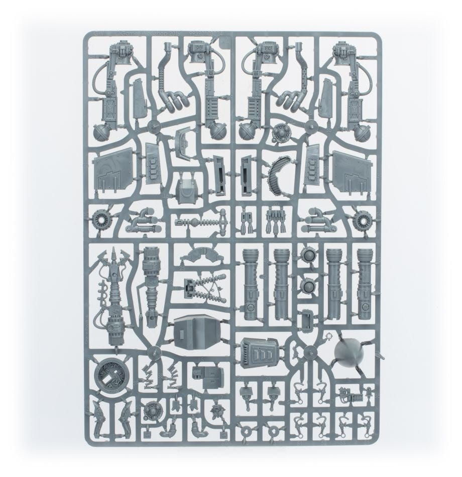 Ork Dakkajet unpainted plastic sprue, frame 3 of 5, with guns and engine parts