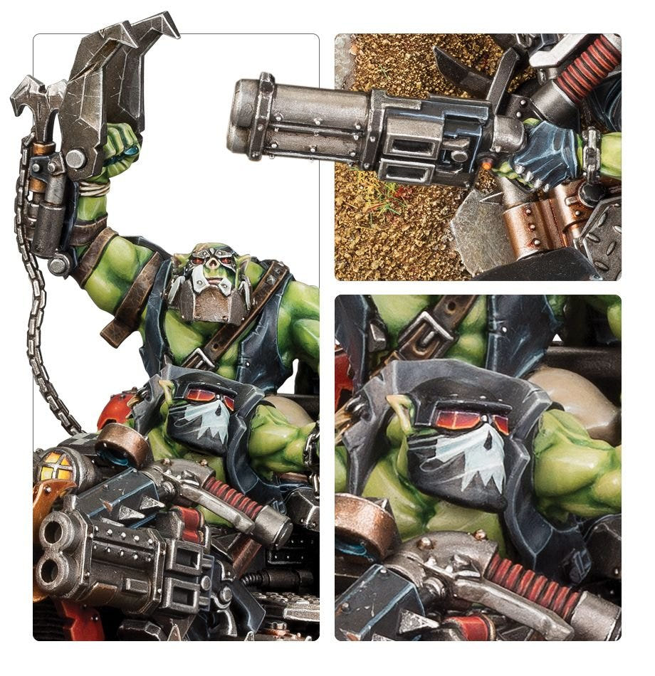 Close-ups of the Deffkilla Wartrike Speedboss: snagga klaw, twin boomstikk and goggled Ork face
