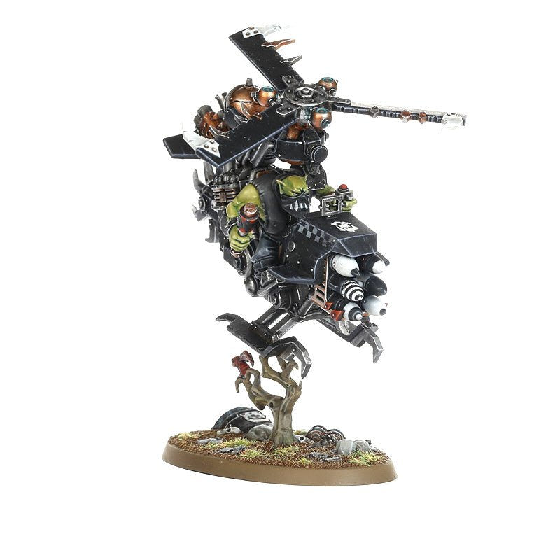 Painted Ork Deffkopta banking on its flight stand, side view