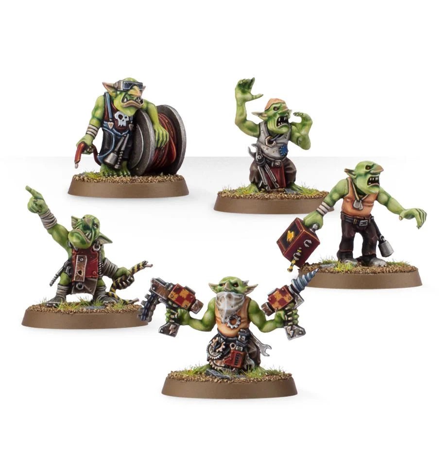 Five painted Gretchin crew for the Ork Mek Gun with shells, tools and a pistol