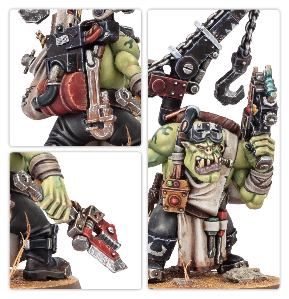 Close-ups of the Ork Mek's goggles, tool belt, backpack crane and cutting tool