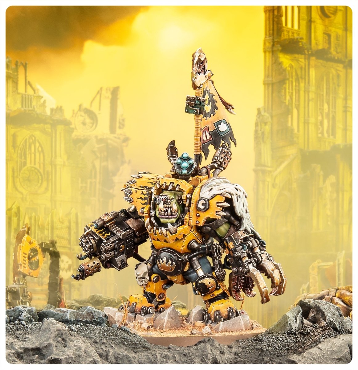 Nazdreg Ork Warboss in Bad Moons yellow Mega Armour on a ruined gothic battlefield