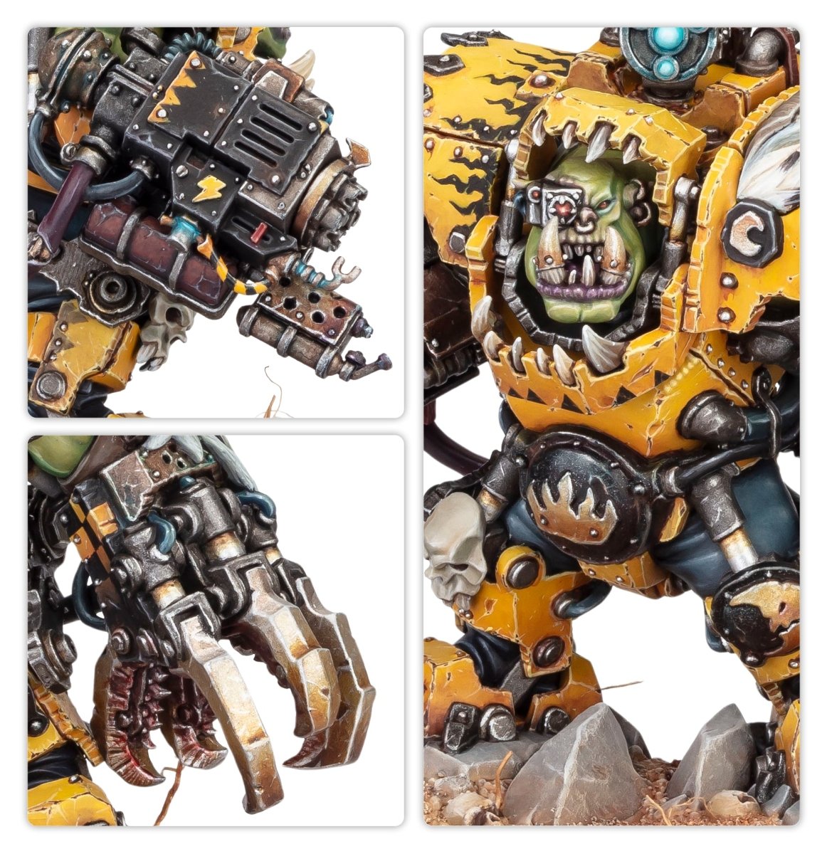 Close-ups of Nazdreg's three-barrelled Kustom Blasta X, power klaw and snarling face in Mega Armour