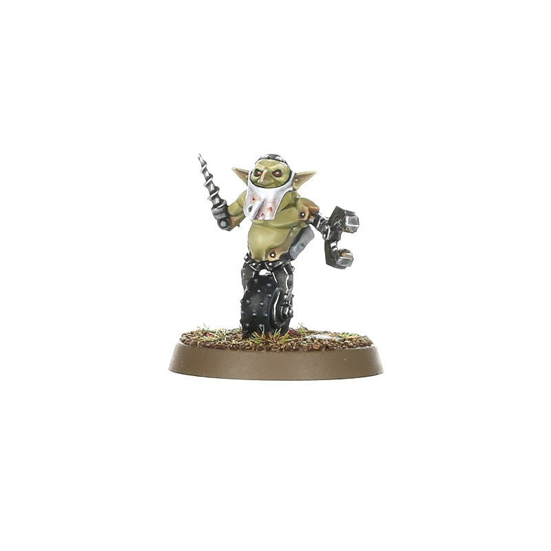 Painted Grot Orderly with a drill and bandaged face, from the Orks Painboss kit by Games Workshop