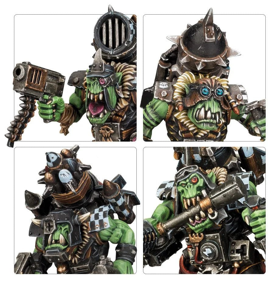Close-ups of Ork Stormboyz heads, goggles, slugga and checked rokkit pack details