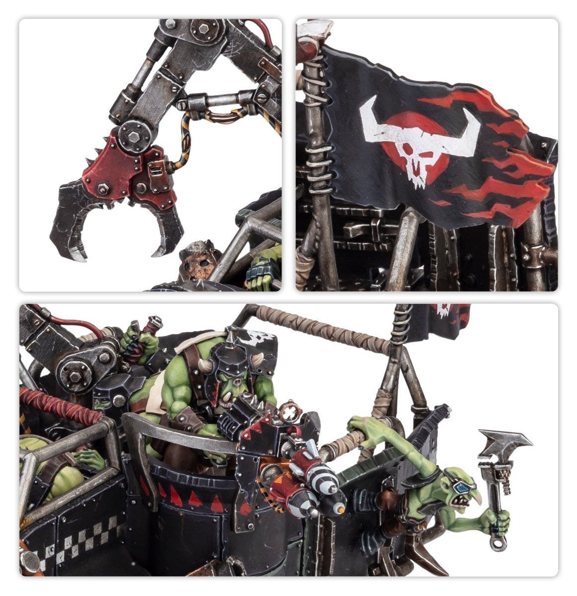 Close-ups of the Trukk's grabbin' klaw, skull banner and crew