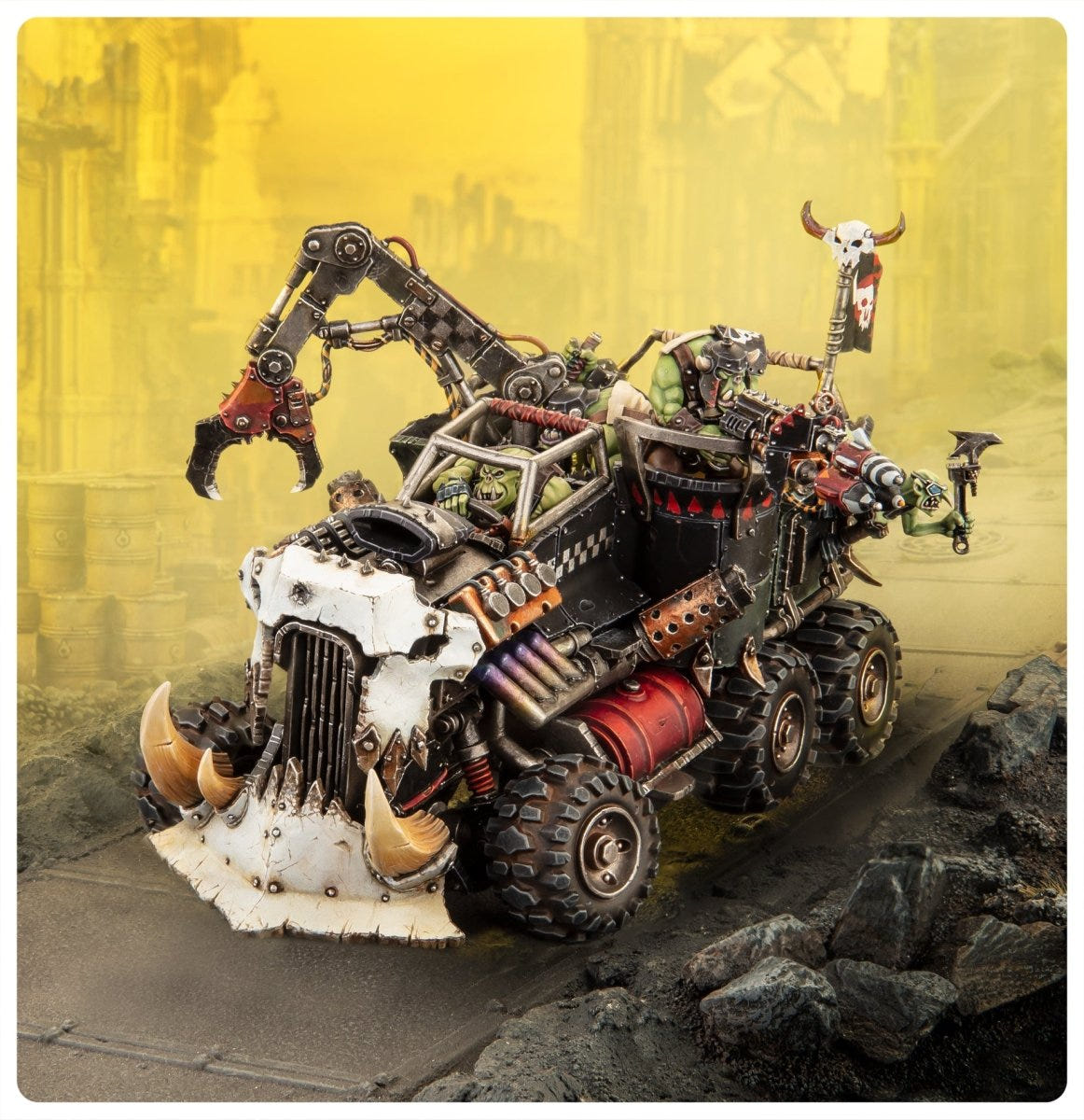 Painted Ork Trukk on a ruined battlefield