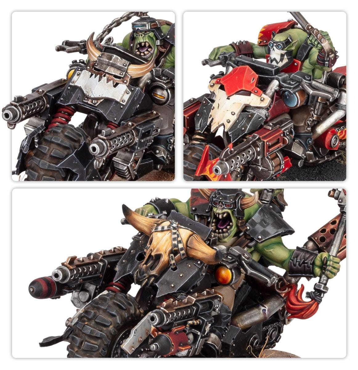 Close-ups of Ork Warbikers: bike front, rider and kombi-rokkit