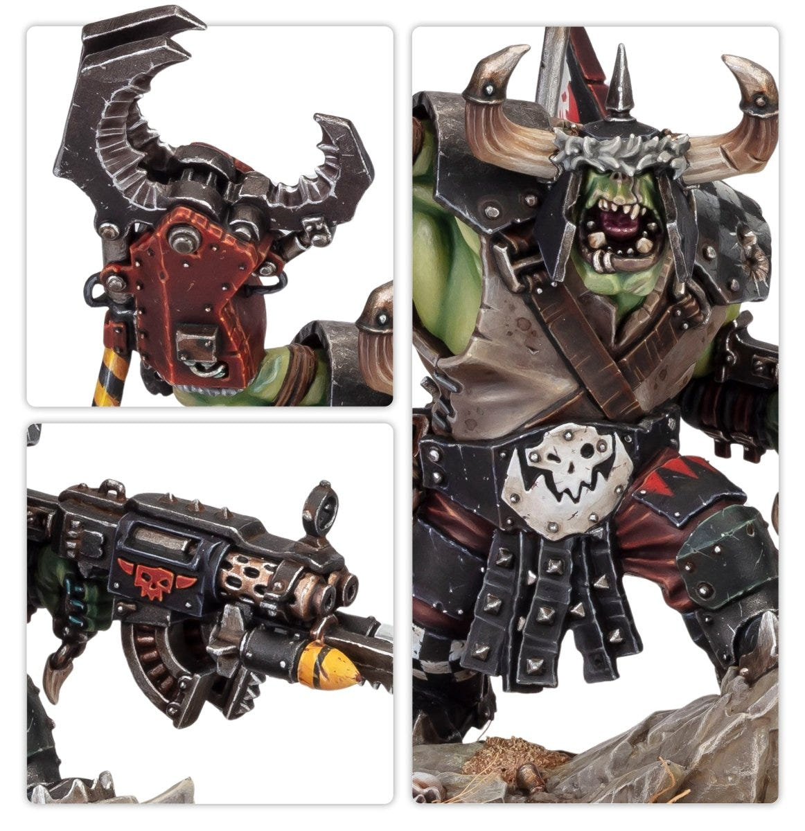Close-ups of the painted Ork Warboss: power klaw, kustom shoota and horned, snarling head
