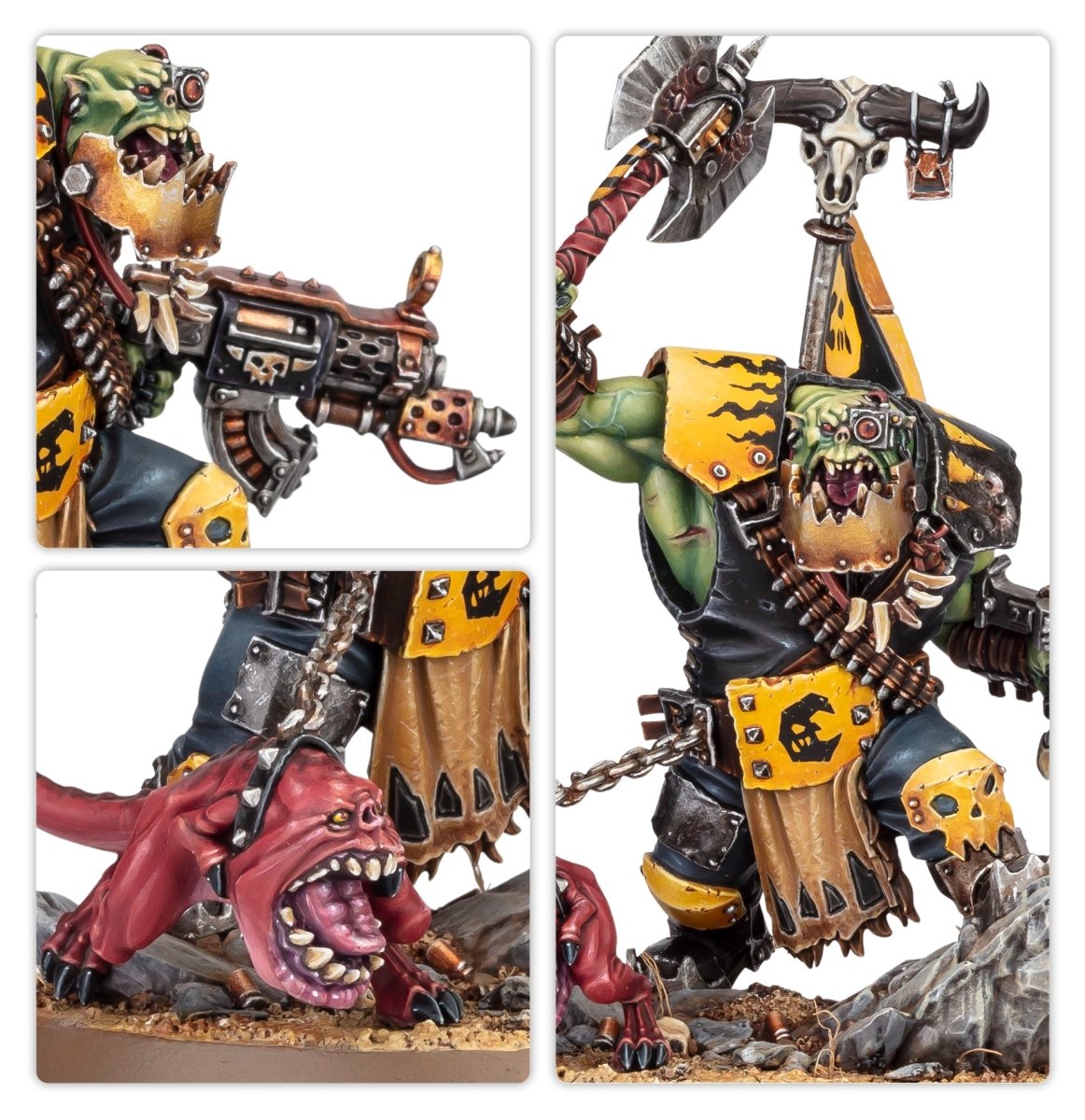 Close-ups of an alternative Ork Warboss build in yellow with shoota, choppa and red attack squig