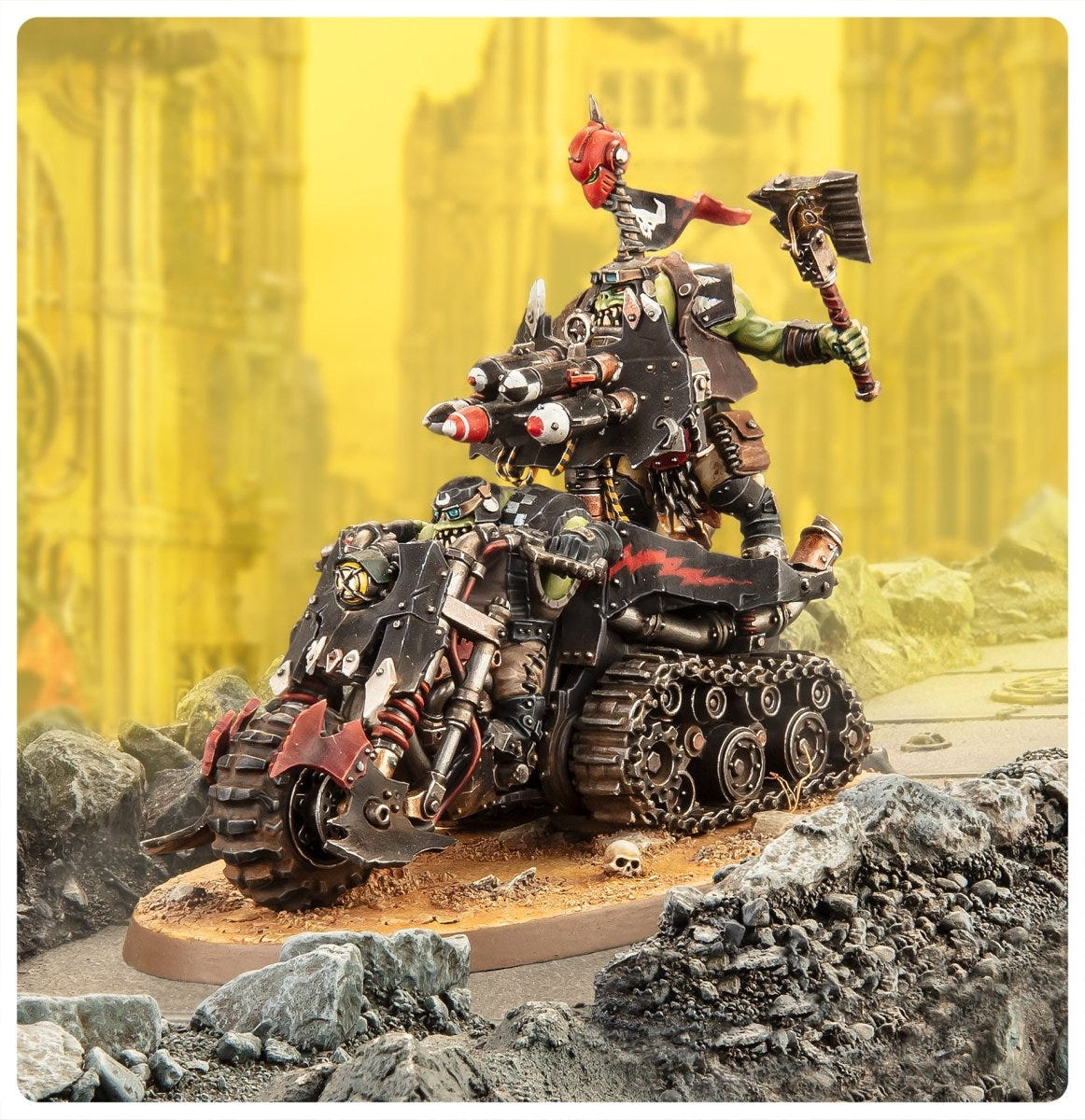 Painted Orks Wartrakk with red-crested gunner and rokkit launcha speeding over rubble