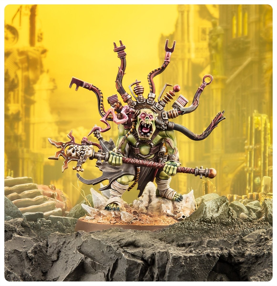 Painted Ork Weirdboy staged on a ruined battlefield scene with a yellow sky