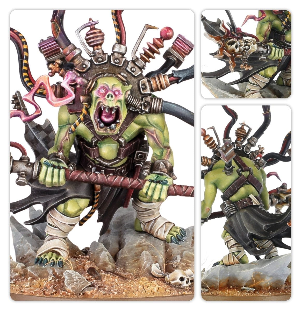 Close-ups of the painted Ork Weirdboy's screaming face, cabled head-rig and staff