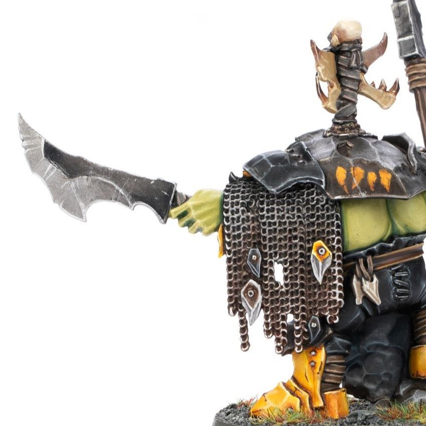 Side close-up of the painted Ardboy Big Boss showing chainmail, armour plates and choppa