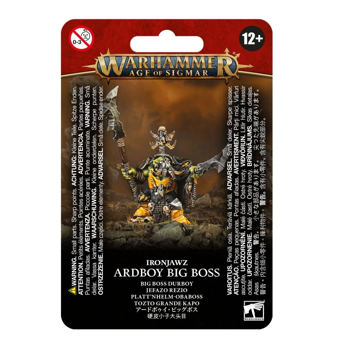 Warhammer Age of Sigmar Ironjawz Ardboy Big Boss miniature in its blister packaging