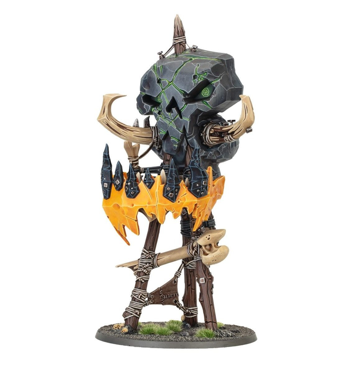 Painted Bossrokk Tower with giant stone skull and flaming jaw, front view