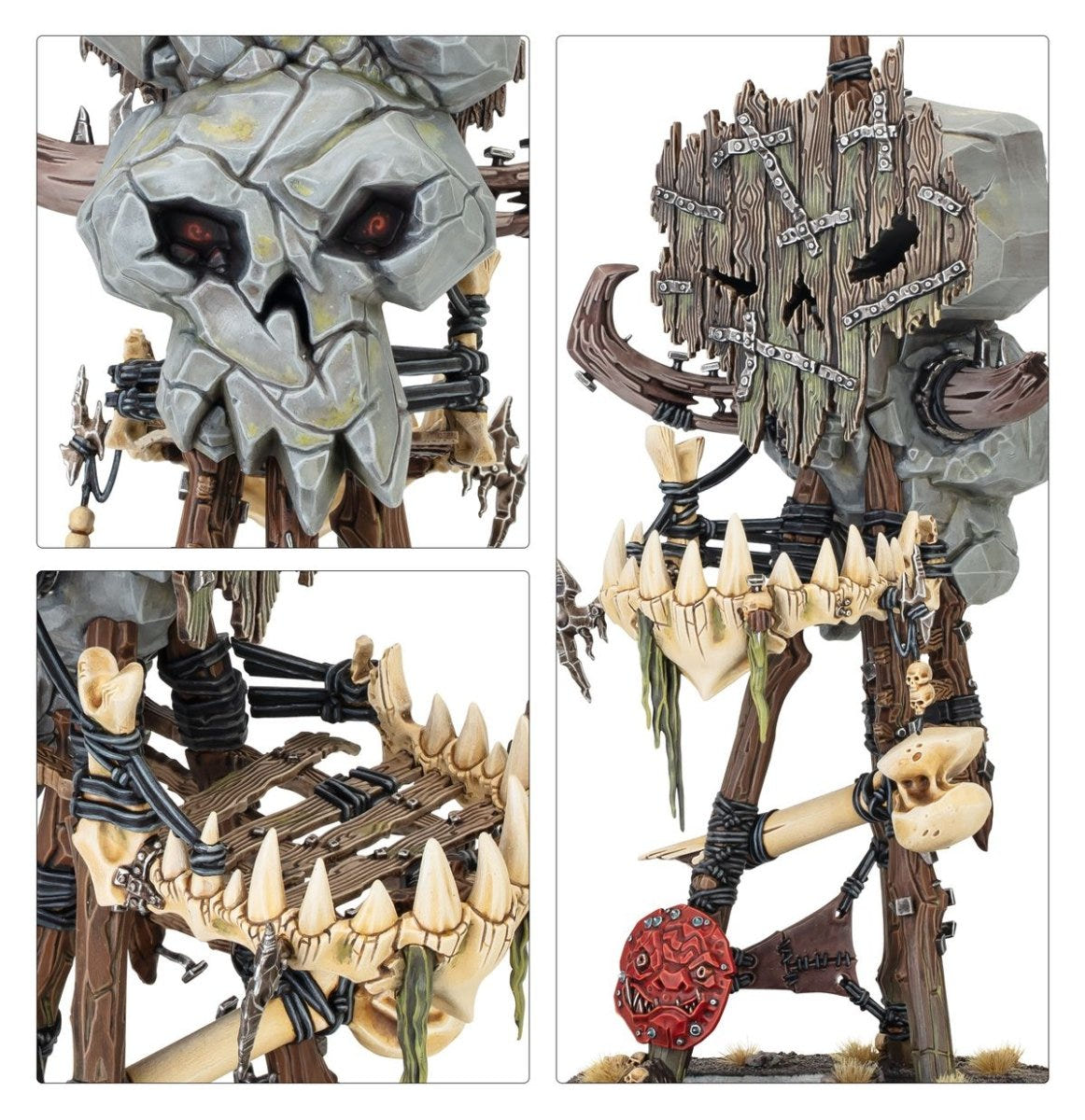 Close-ups of the Bossrokk Tower stone skull, bone teeth and wooden scaffold