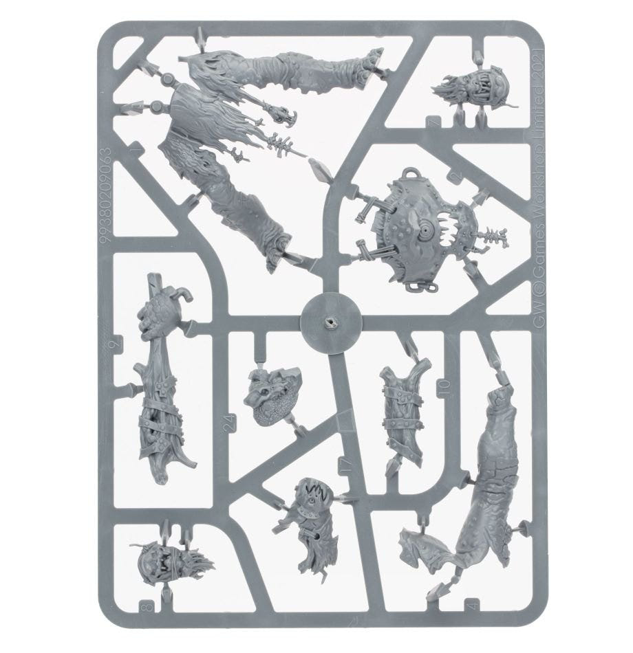 Breaka-Boss on Mirebrute Troggoth unpainted plastic sprue, frame 1 of 3