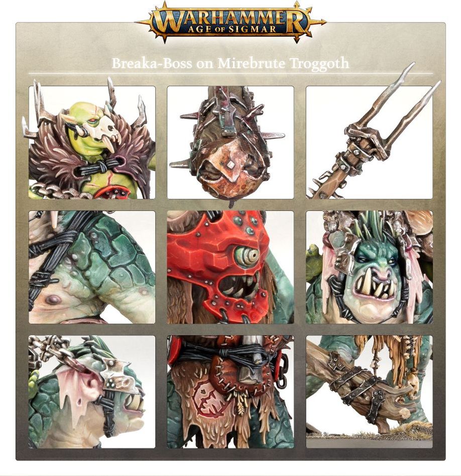 Games Workshop feature panel with close-ups of the Breaka-Boss, troggoth head, club and gutplate