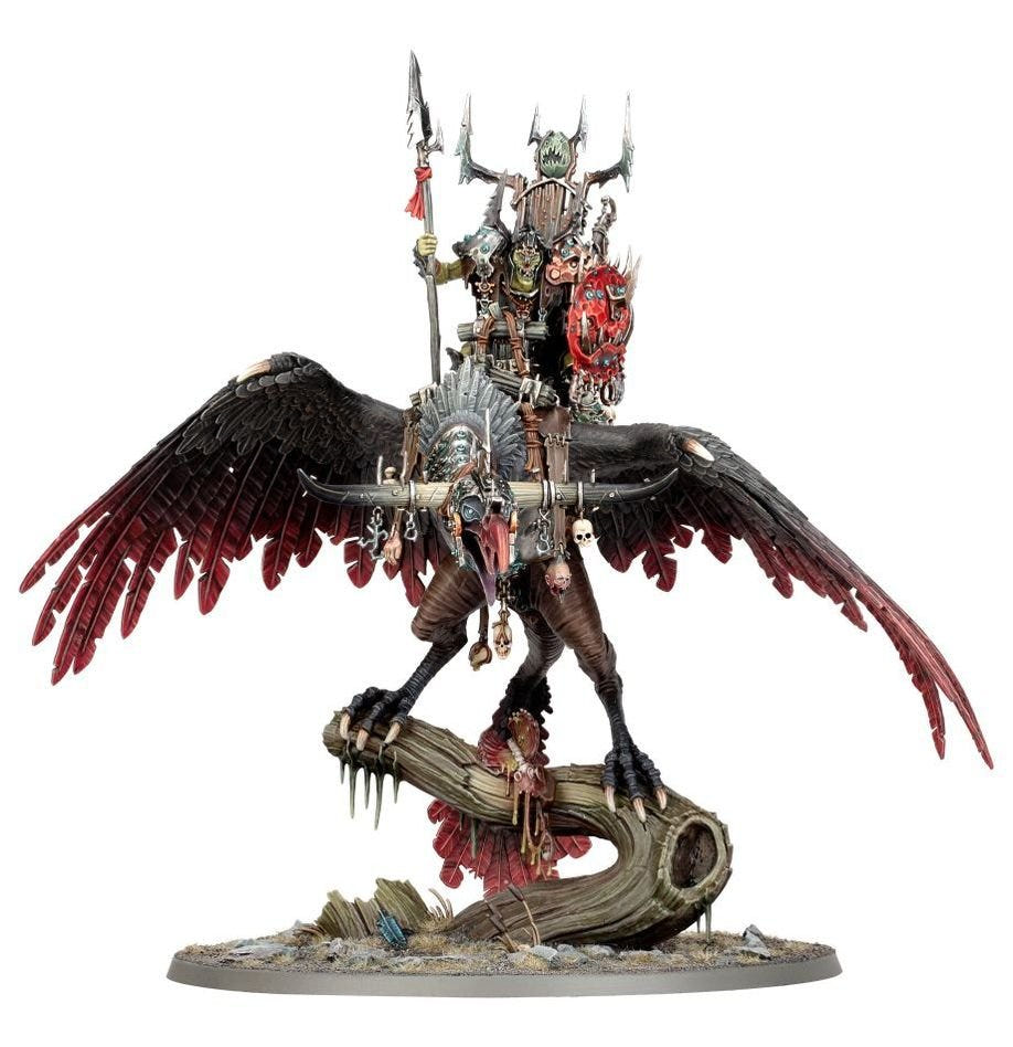 Front view of the painted Gobsprakk on his Vulcha with wings spread, Orruk Warclans