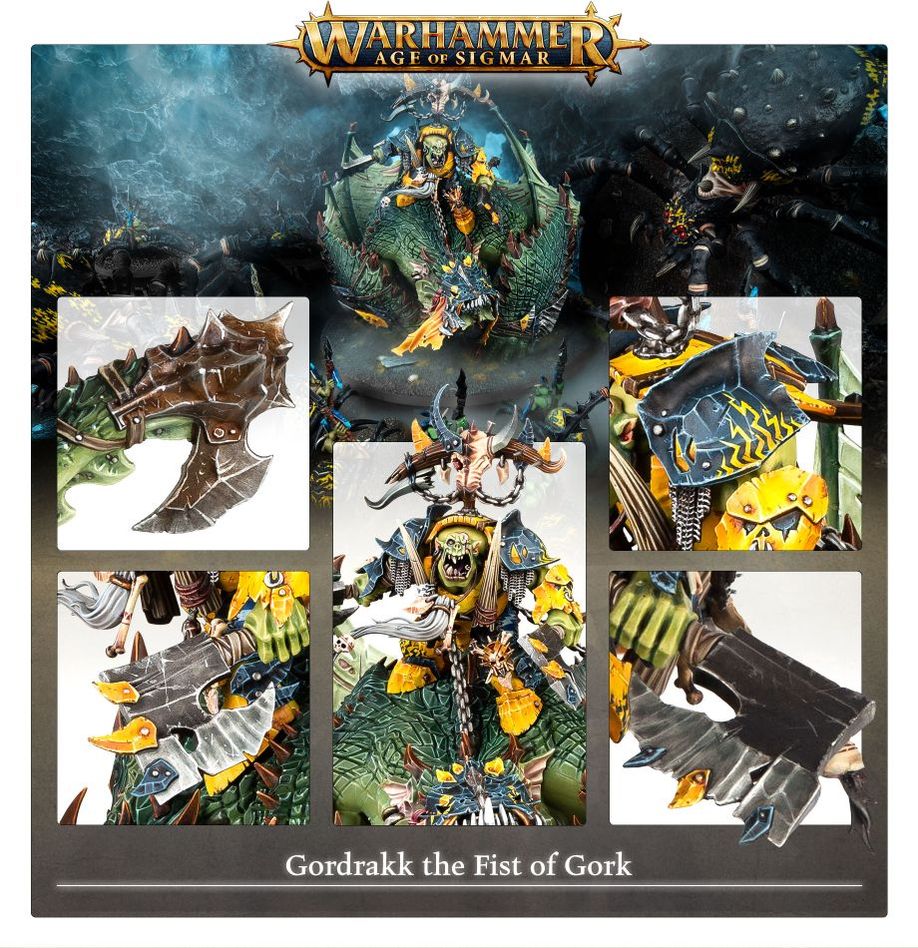Age of Sigmar Gordrakk the Fist of Gork painted model with close-ups of axes, rider and Maw-krusha